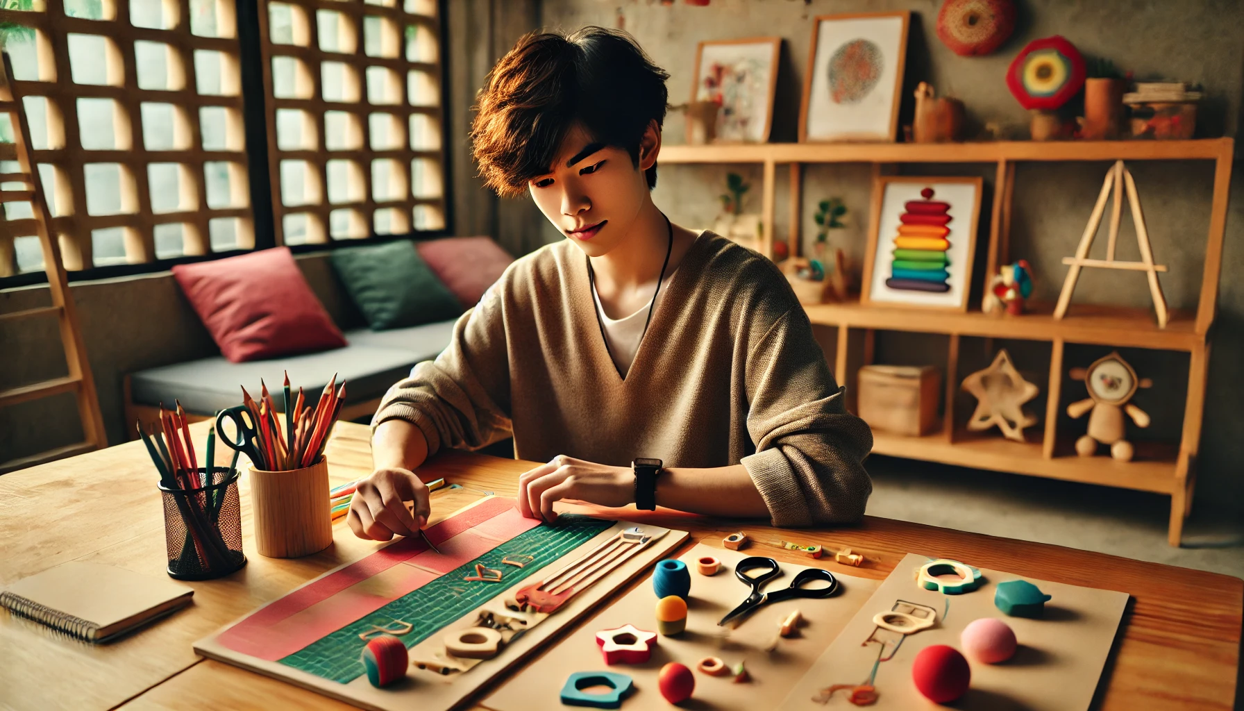 유아교육을 위한 교구를 설계 중인 고등학생의 모습