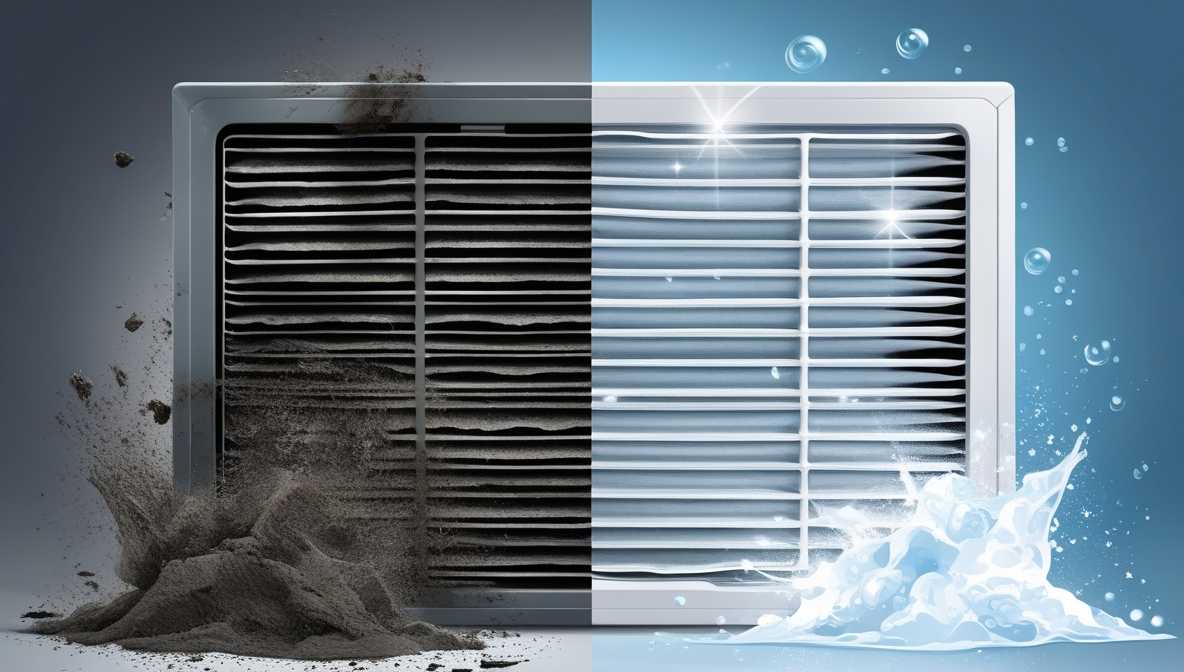 왼쪽에는 먼지가 새까맣게 낀 에어컨 필터, 오른쪽에는 물로 씻어 깨끗해진 필터를 비교하는 극적인 사진