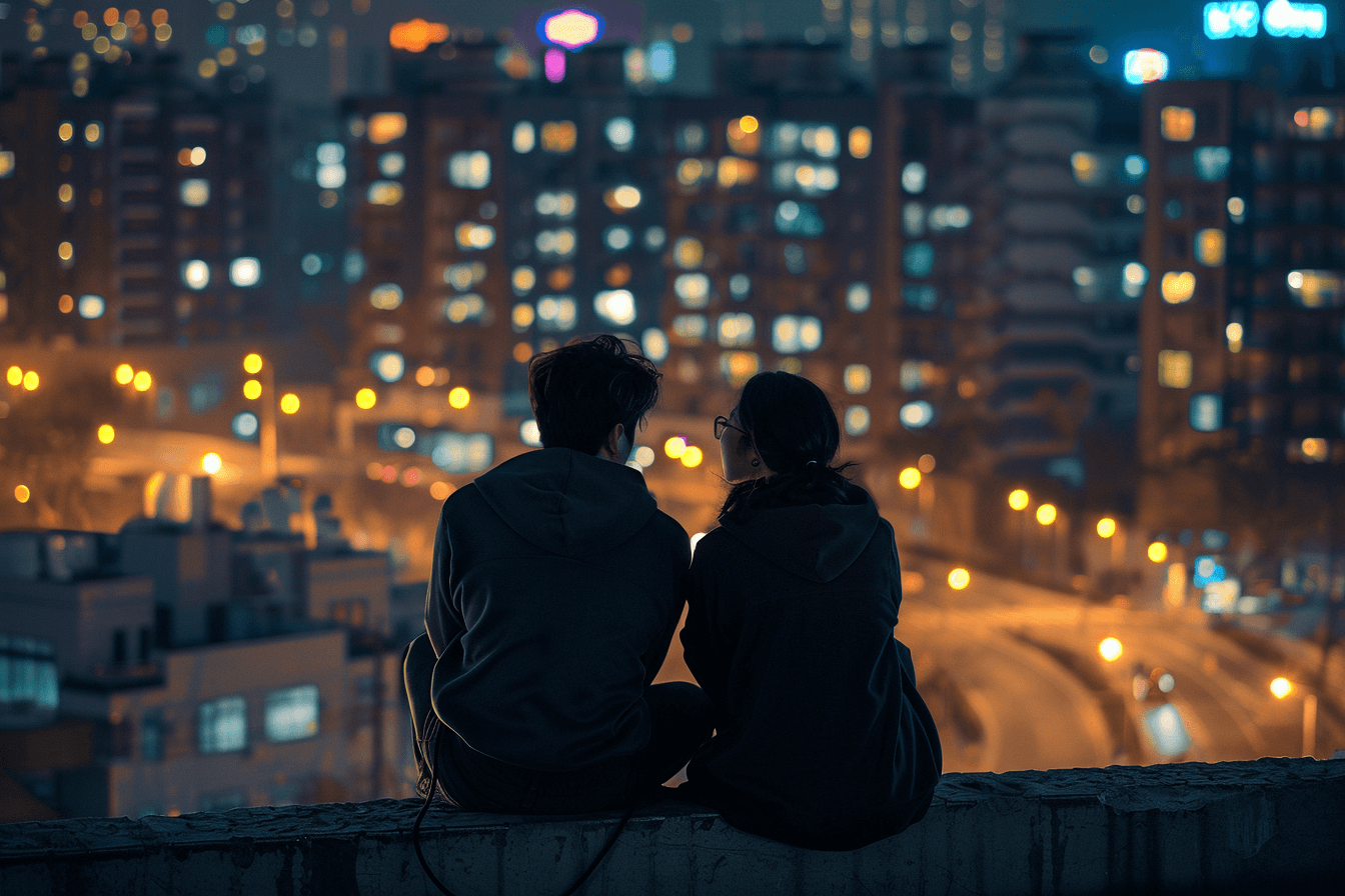 도심이-내려다-보이는-옥상에-앉아-있는-남여