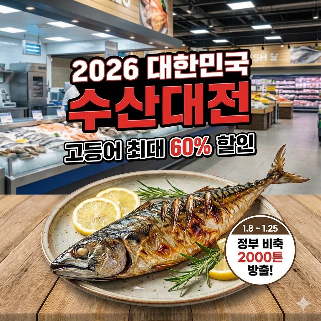 2026년 1월 고등어 최대 60% 할인 혜택을 제공하는 대한민국 수산대전 행사 정보와 이마트, 롯데마트 등 19개 참여 업체 안내 이미지