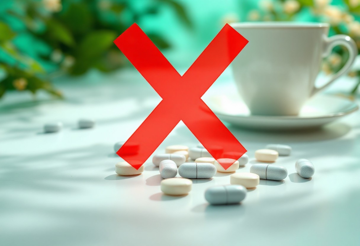 커피컵 위에 X표시가 있는 철분제 알약