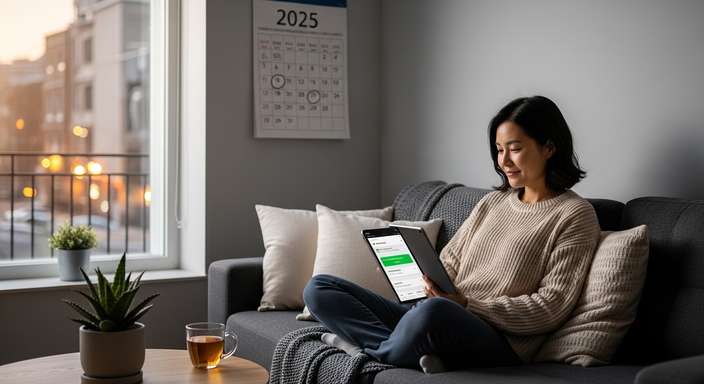 육아휴직으로 대출 상환유예를 신청한 가정이 태블릿으로 금융 일정을 확인하며 안도하는 모습.