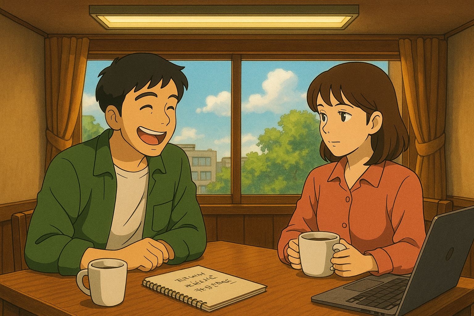 영상 기획을 짜며 웃는 두 사람, 형광등 아래의 대화