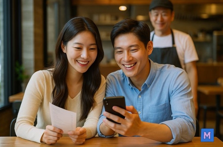 소상공인 부부가 카페에서 스마트폰으로 온라인 정책자금 신청을 하며 웃고 있는 모습, 배경에 직원이 서 있음 via canva