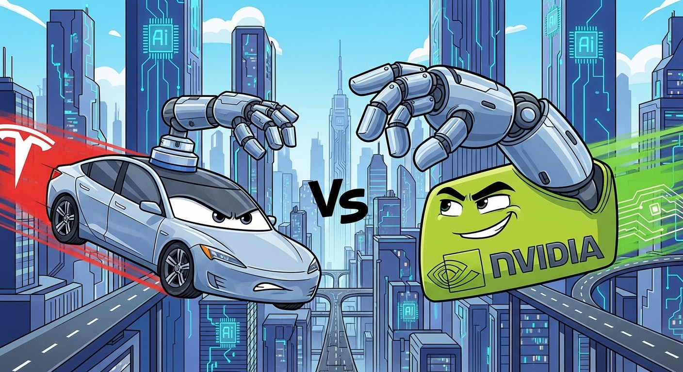 Cartoon-style image of Tesla logo on a self-driving car and Nvidia logo on a robotic arm in a 'fight' pose. Background of a futuristic city with AI chips and roads merged.