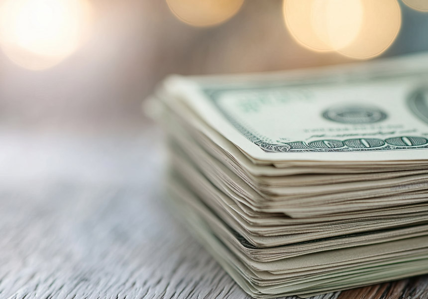 책상 위에 쌓인 달러 지폐 더미, 금리와 금융을 상징하는 이미지