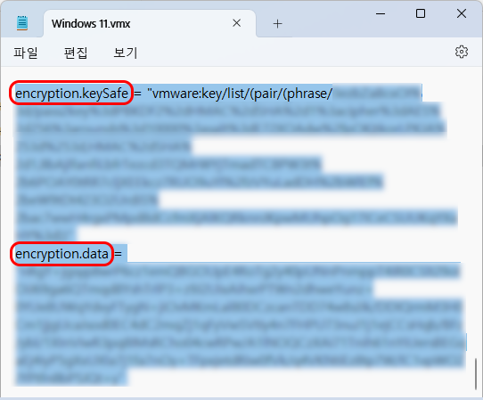 메모장 - Windows 11.vmx
encryption.keySafe = "vmware:key/list/(pair/(phrase/xxx
xxxxx
xxxxx...
encryption.data =
xxxxx
xxxxx...