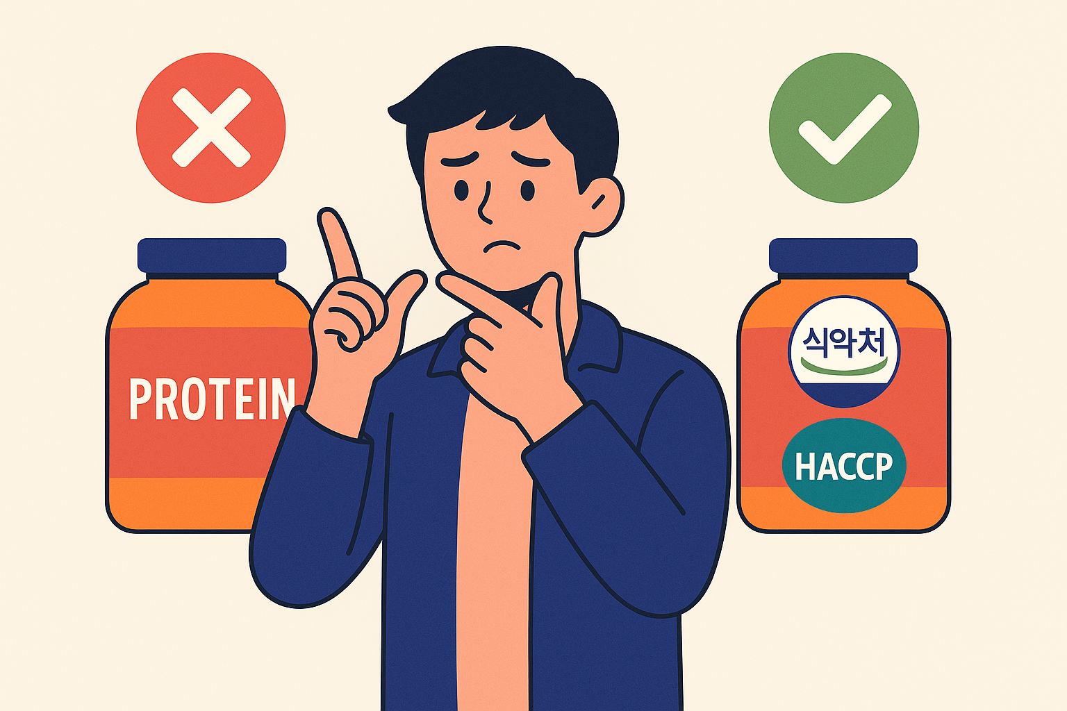 성분표를 분석하고 식약처 인증 마크를 확인하는 소비자 캐릭터 일러스트