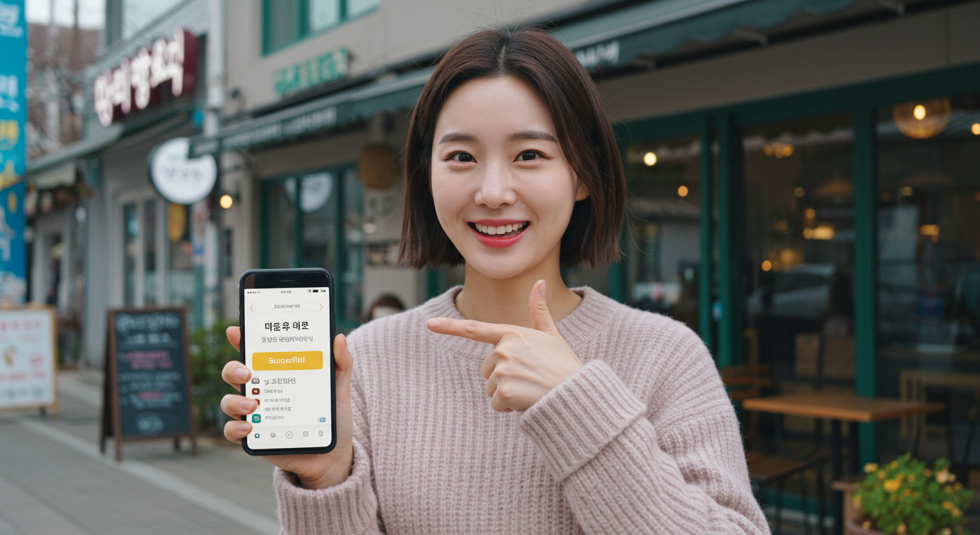 네이버 예약 앱으로 강원도 맛집 예약을 확인하는 한국인 여성.