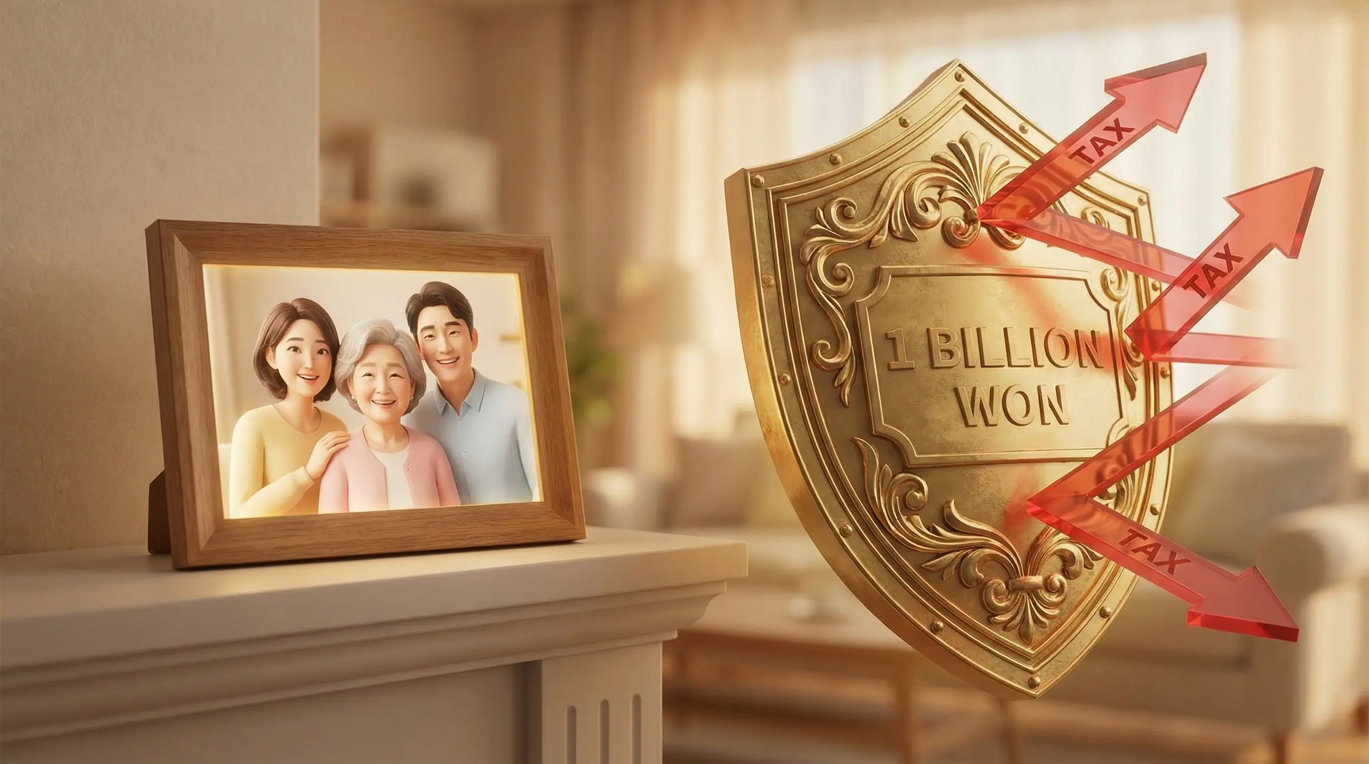 부모님과 자녀가 함께 있는 가족사진 옆에 10억이라는 숫자가 적힌 방패가 세금을 막아주는 이미지