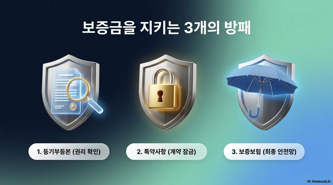 전세 계약시 유의사항: 전세보증금을 지키는 3개의 방패로 등기부등본을 통한 권리 확인과 특약사항을 통한 계약 잠금과 보증보험을 통한 최종 안전망을 방패 아이콘으로 시각화한 전세보증금 보호 3단계 이미지