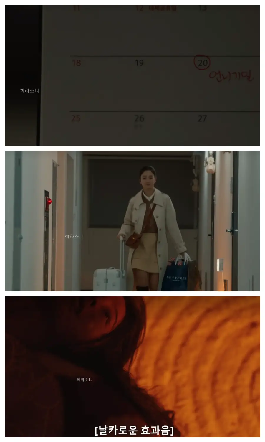 9월 20일에 동그라미가 쳐져 있고 &#39;언니 기일&#39;이라고 쓰여 있음. 캐리어를 끌고 여행에서 돌아와 언니 시체를 보는 주란.