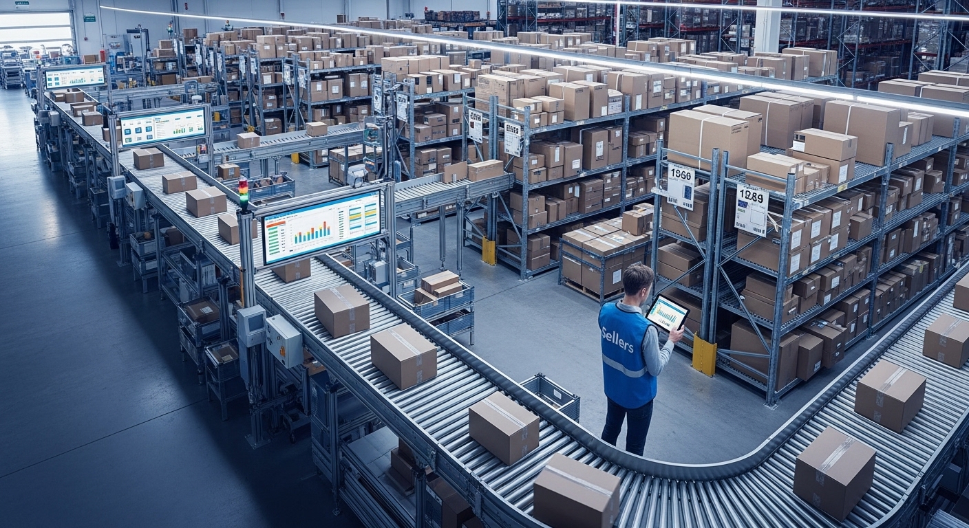 물류 창고에서 태블릿으로 재고를 확인하는 로켓그로스 셀러, 풀필먼트 서비스의 효율성과 복잡성을 동시에 나타냄.