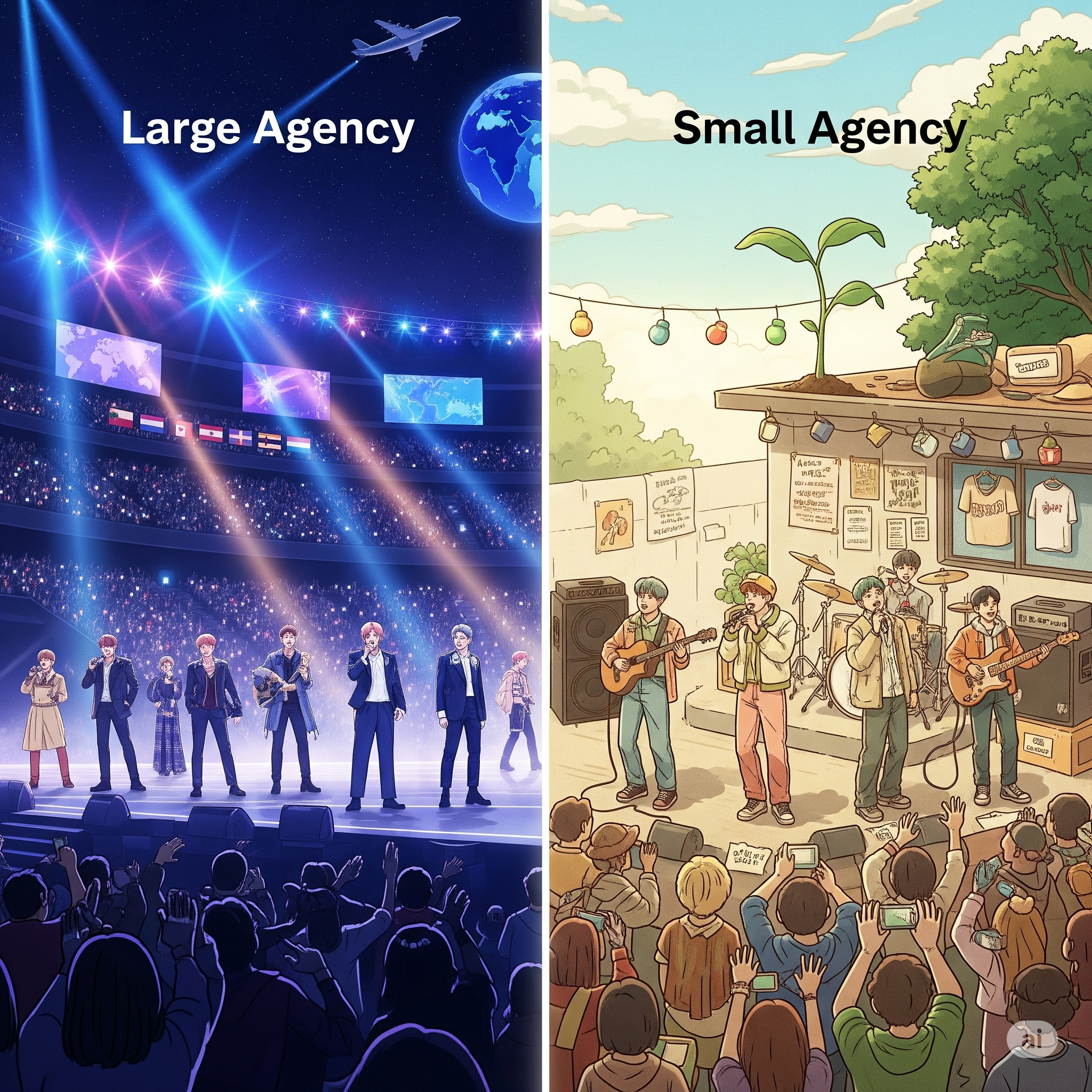 대형 vs 중소 기획사 K-pop 전략 비교 (데뷔, 마케팅, 성장)