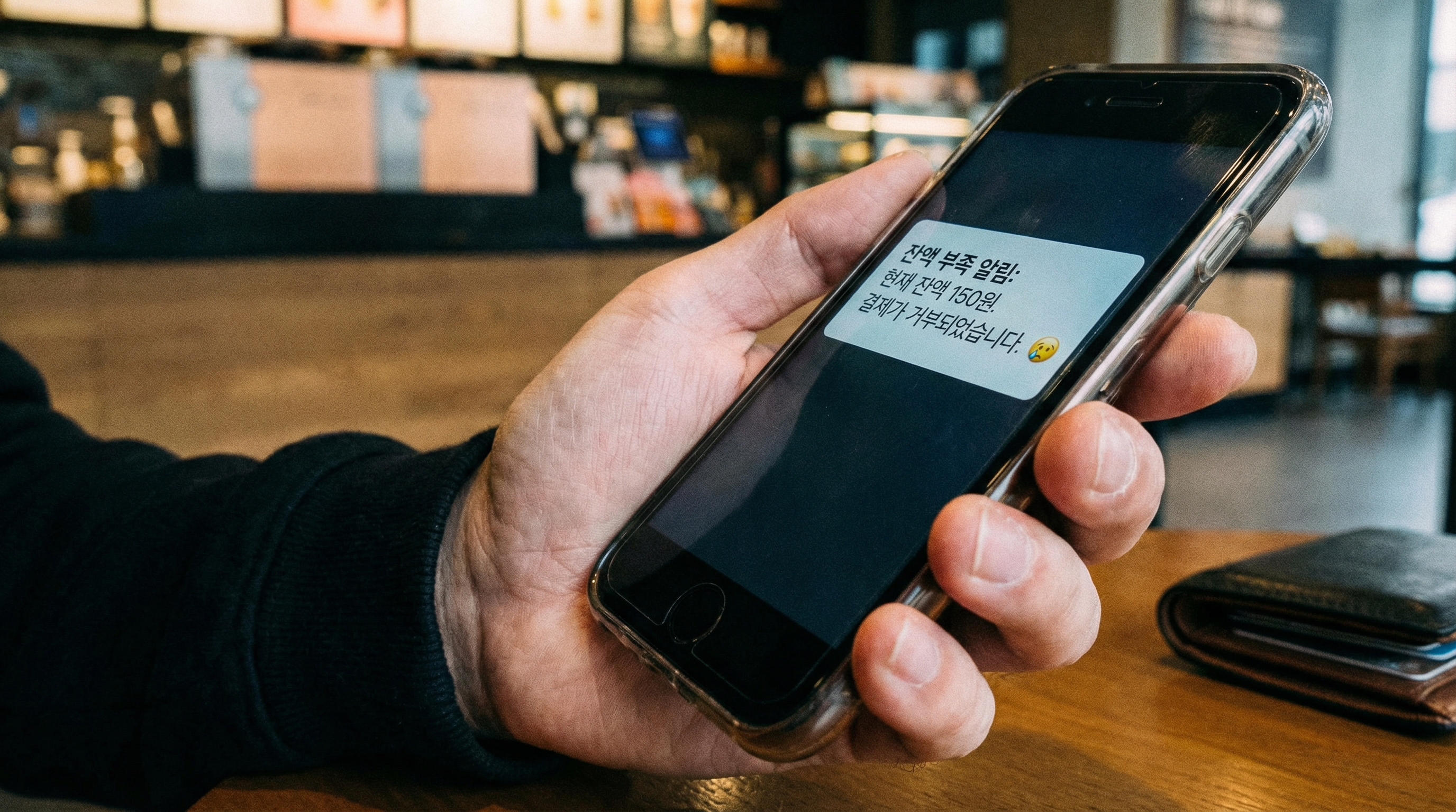 스마트폰 화면에 뜬 잔액 부족 알림 문자를 보고 당황하는 사람의 손 클로즈업