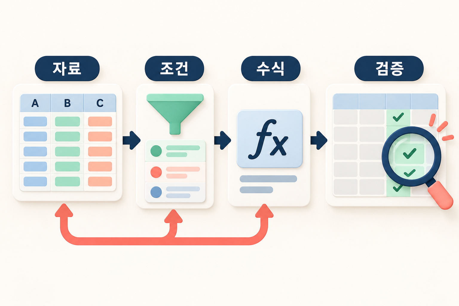 자료 구조와 조건을 먼저 정리한 뒤 수식과 계산 결과를 검증하는 네 단계 그림