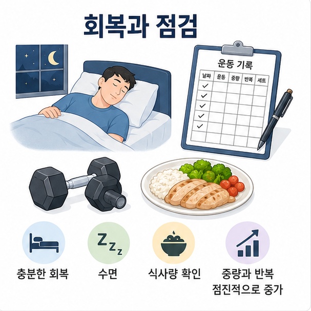 근육 증가를 위해 운동뿐 아니라 충분한 식사와 수면, 휴식, 운동 기록과 점진적인 강도 조절이 필요함을 정리한 이미지