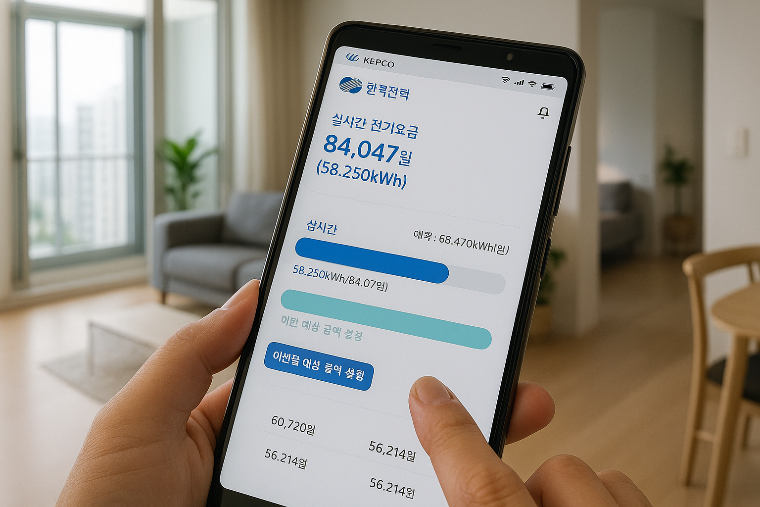 한전 앱으로 전기 사용량 조회하는 장면