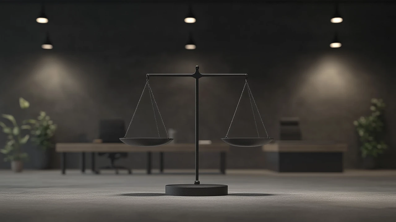 평온하고 조명이 잘 된 금융 사무실 환경 속에서 위험과 성장을 상징하는 균형 잡힌 저울이 안정성과 미래 지향적 투자 전략의 인상을 만들어 냅니다.