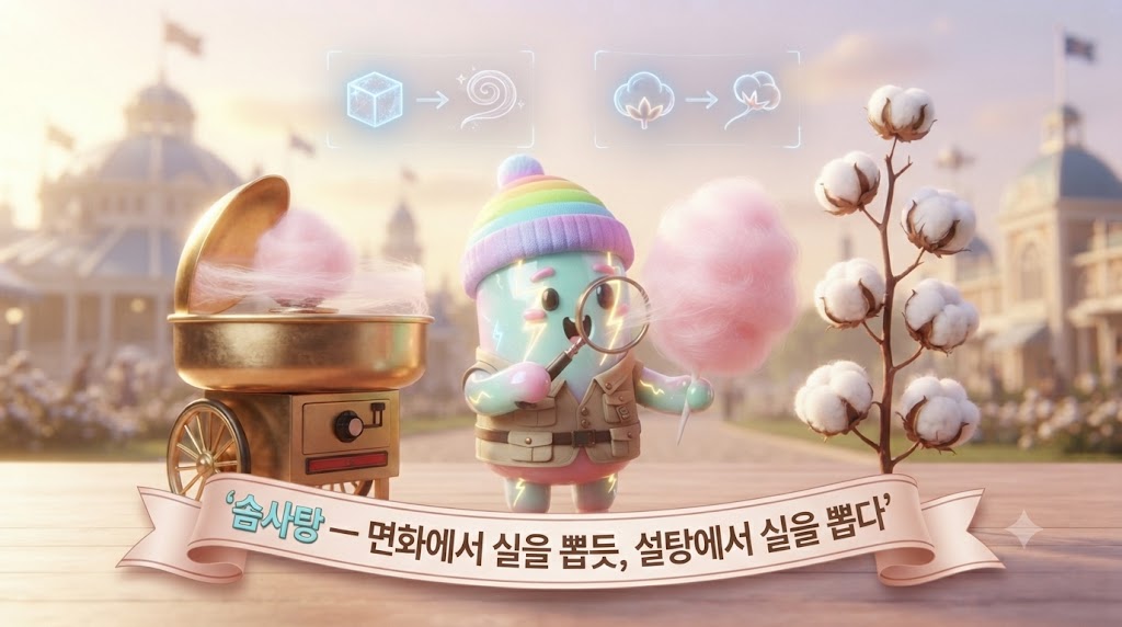 쫀쿠 캐릭터가 호기심 가득한 표정으로 솜사탕 기계와 진짜 목화솜 가지를 번갈아 바라보고 있습니다. 쫀쿠의 손에는 돋보기가 들려 있고, 기계에서 막 만들어져 나오는 탐스러운 분홍색 솜사탕과 옆에 놓인 하얀 목화솜 뭉치가 클로즈업되어 있습니다. '설탕으로 만든 실'과 '식물에서 자란 섬유'의 놀라운 평행 이론을 예고하는 장면입니다