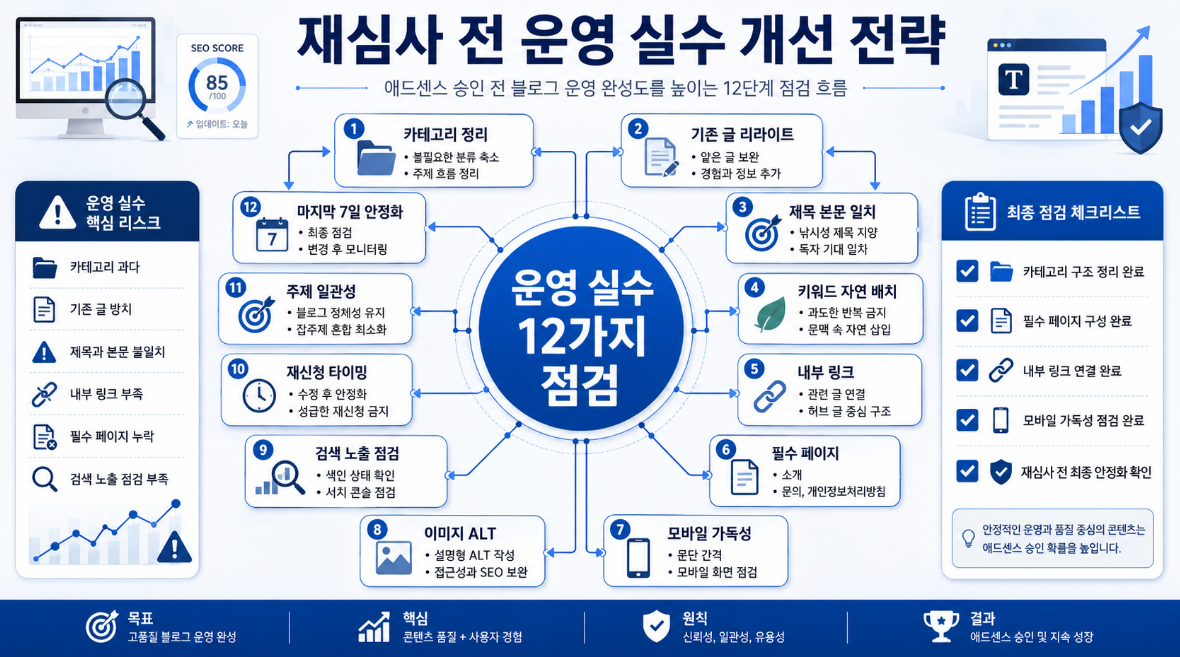 카테고리 리라이트 내부 링크 필수 페이지 모바일 가독성 검색 노출 점검을 연결한 애드센스 운영 실수 개선 전략 이미지