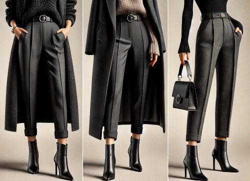 이 스타일은 블랙 하이웨이스트 팬츠에 터틀넥 스웨터와 롱 코트 스텔레토 힐 앵클부츠