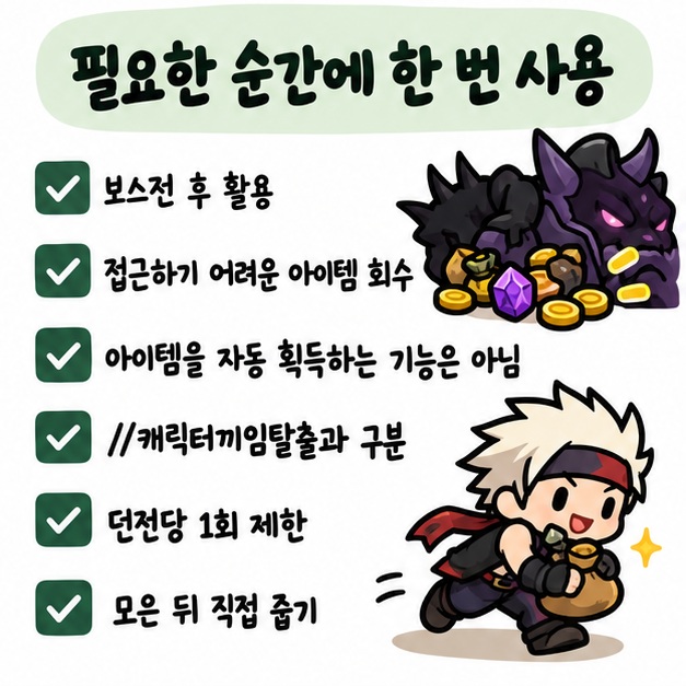 던전당 1회만 사용 가능하고 보스전 후나 접근하기 어려운 아이템에 활용하며 캐릭터끼임탈출과 구분하는 주의사항 카드