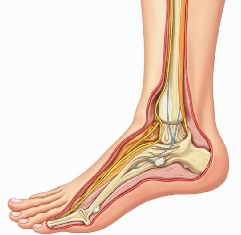 발의 해부학적 구조를 보여주는 일러스트레이션. 족저근막이 강조되어 있으며, 정상적인 상태와 염증이 생긴 상태를 비교하여 보여줍니다.