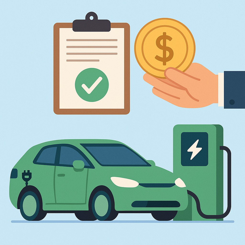 전기차, 서류철, 돈이 함께 있는 그림