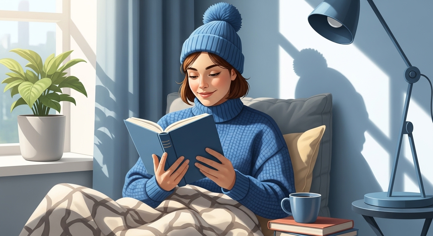 따뜻한 햇살 아래 아늑한 공간에서 미소 지으며 책을 읽는 사람. 독서의 즐거움을 표현한 이미지.
