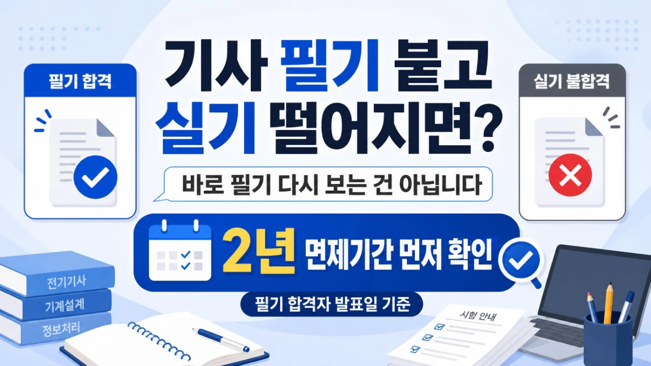 기사 필기 합격 후 실기 불합격 시 2년 면제기간을 확인해야 한다는 내용을 설명하는 대표 이미지