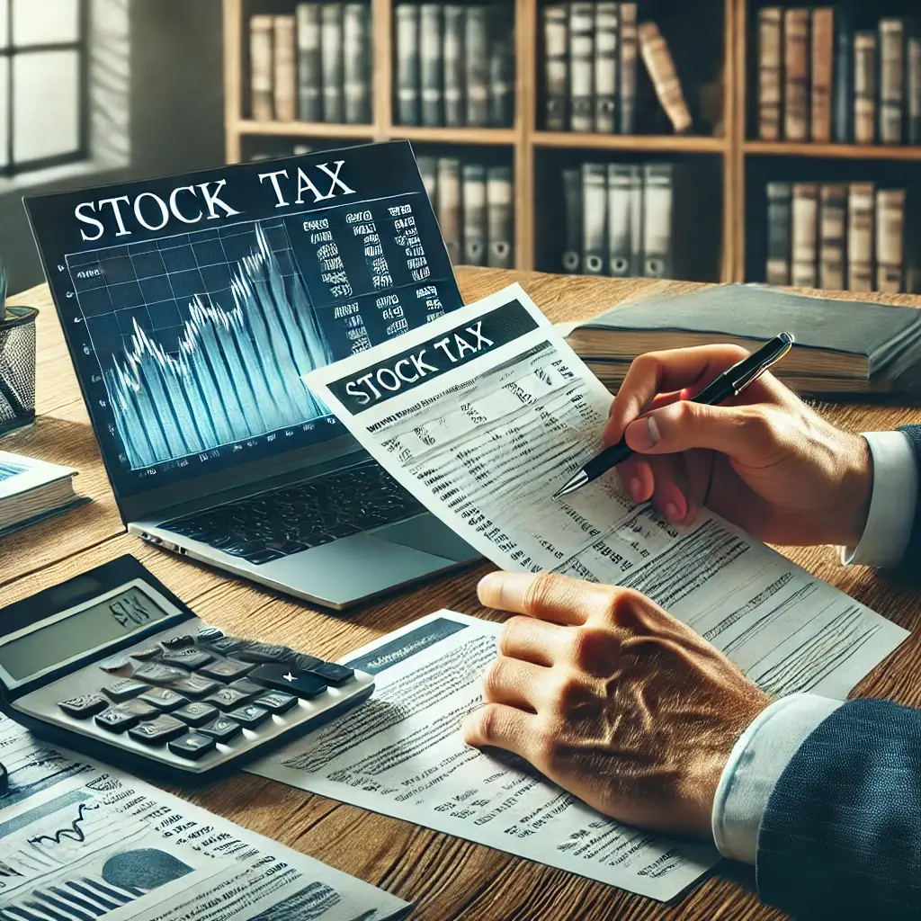 주식 세금 서류를 검토하는 금융 분석가의 책상 모습