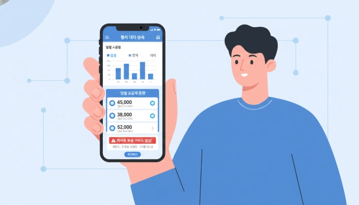 스마트폰 화면에 AI 통신비 분석 앱이 보이며, 데이터 사용량과 절약 가능한 요금제, 불필요한 부가 서비스 해지 알림을 한국어 텍스트(한글)로 보여주는 이미지.