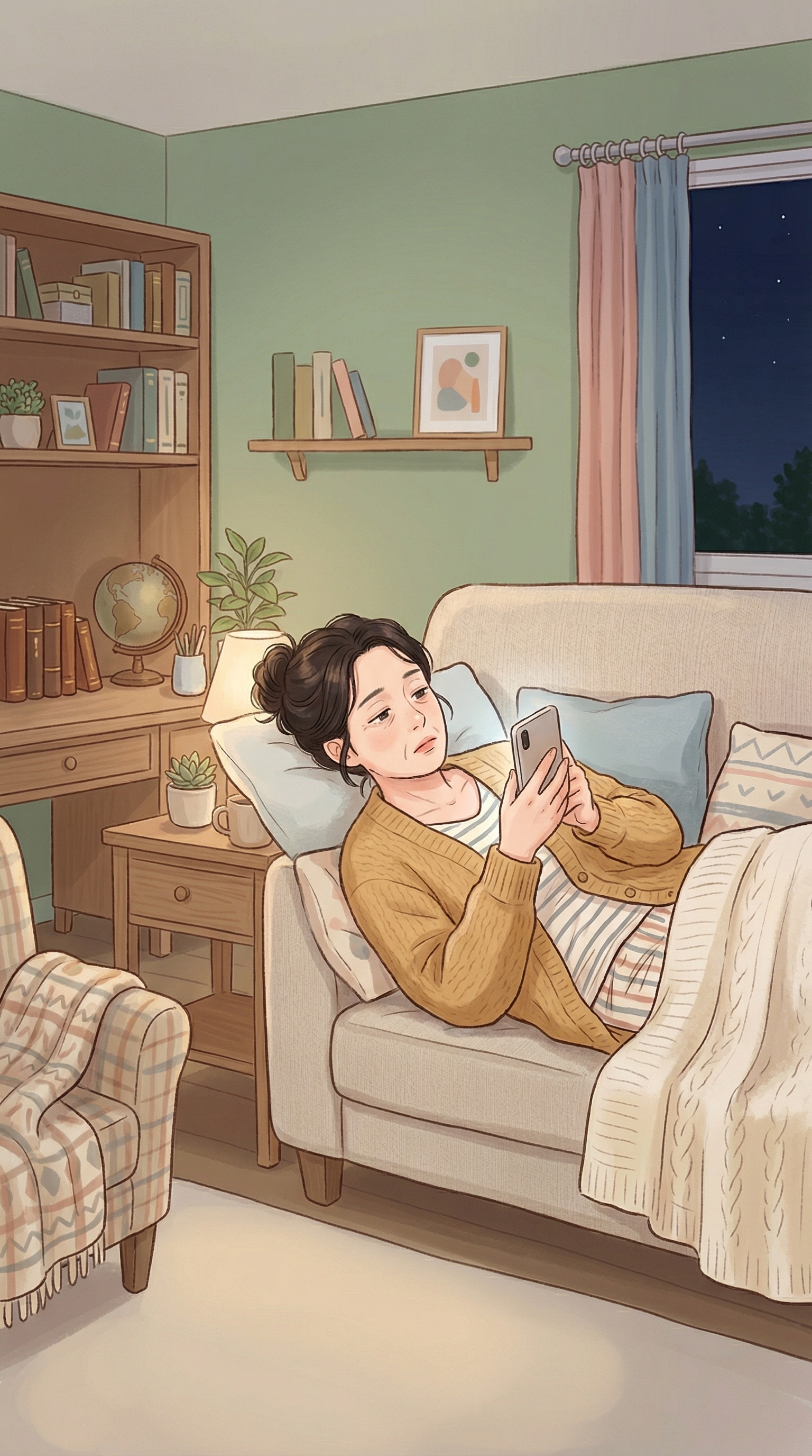 늦은 밤 소파에 누워 스마트폰을 보는 중년의 모습