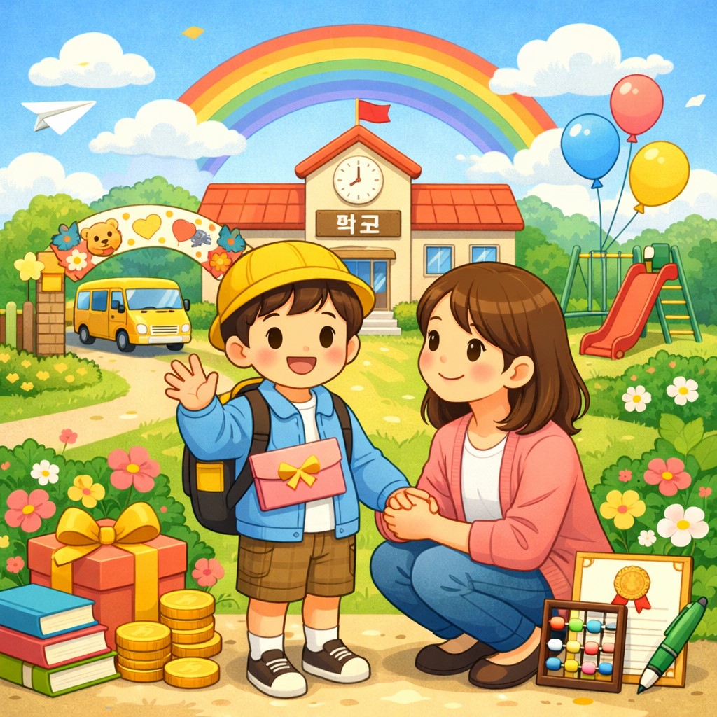 학교 앞에 서 있는 엄마와 아들 이미지