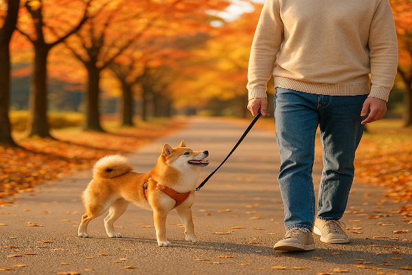 가을 단풍이 물든 한국 공원길에서 보호자와 시바견이 나란히 걷는 모습. 리드줄이 여유 있게 ‘J’자이고 시바견은 행복한 표정으로 보호자를 올려다보는 모습이다.