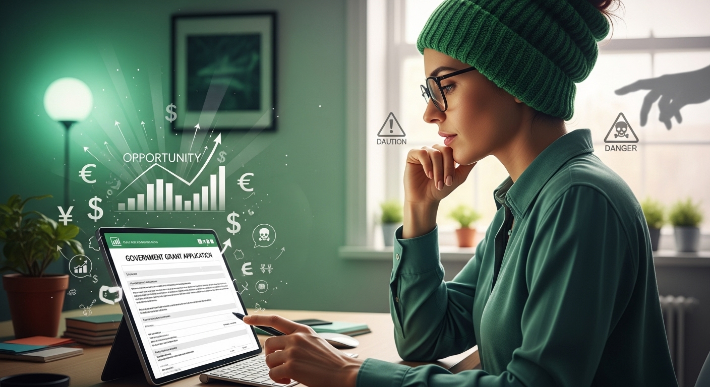 정부 지원금 신청서를 확인하며 사기를 예방하고 현명한 활용을 고민하는 사람.