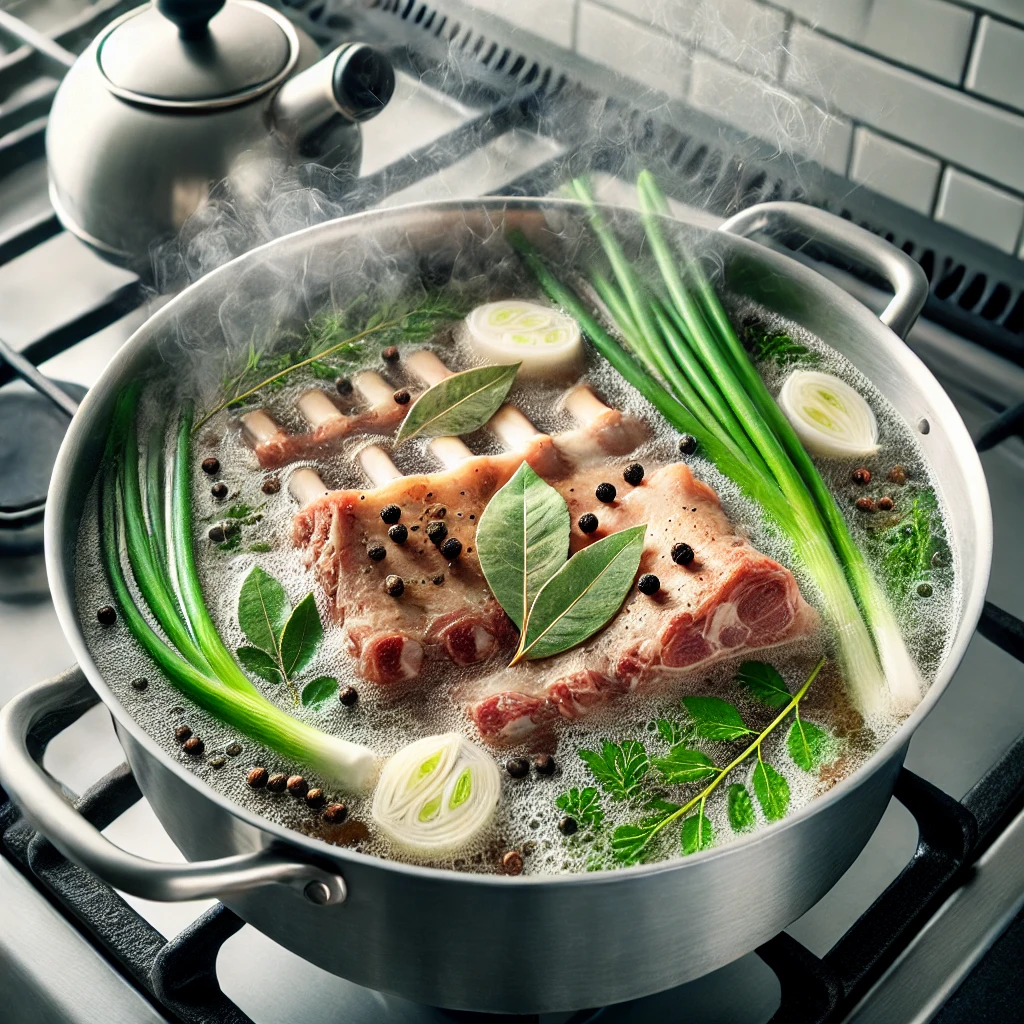 2️⃣ 돼지갈비 초벌 삶기 (더 부드럽게!)
핏물을 제거한 갈비를 한 번 더 끓여야 부드러워지고 맛도 좋아져요!
✅ 냄비에 돼지갈비 + 대파 + 월계수 잎 + 통후추를 넣고 끓여 주세요.
✅ 물이 팔팔 끓기 시작하면 약불로 줄이고 10분 정도 더 끓이기!
✅ 체에 받쳐 물기를 제거하고 갈비를 식혀 둡니다.