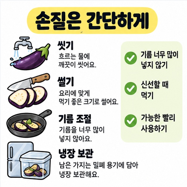 가지 세척과 썰기, 기름 조절, 냉장 보관을 체크리스트로 정리한 손질 카드
