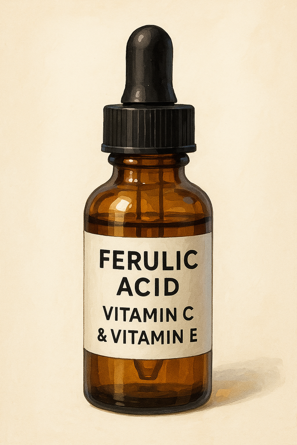 페룰릭산 5%와 비타민 C·E가 함께 함유된 앰플 – 항산화와 탄력 케어를 위한 고농축 세럼 병 일러스트