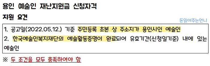 용인 예술인 재난지원금 신청자격