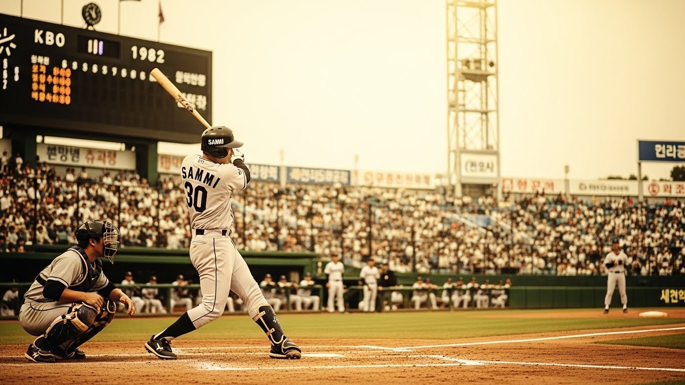 1982년 KBO 프로야구 원년, 삼미 슈퍼스타즈 선수가 경기장에서 열정적으로 플레이하는 모습. 관중석은 팬들로 가득하며, 경기장의 빈티지한 분위기가 한국 야구의 태동기를 상징합니다. 초록색과 주황색 컬러 팔레트가 사용되어 노스탤지어를 불러일으킵니다.