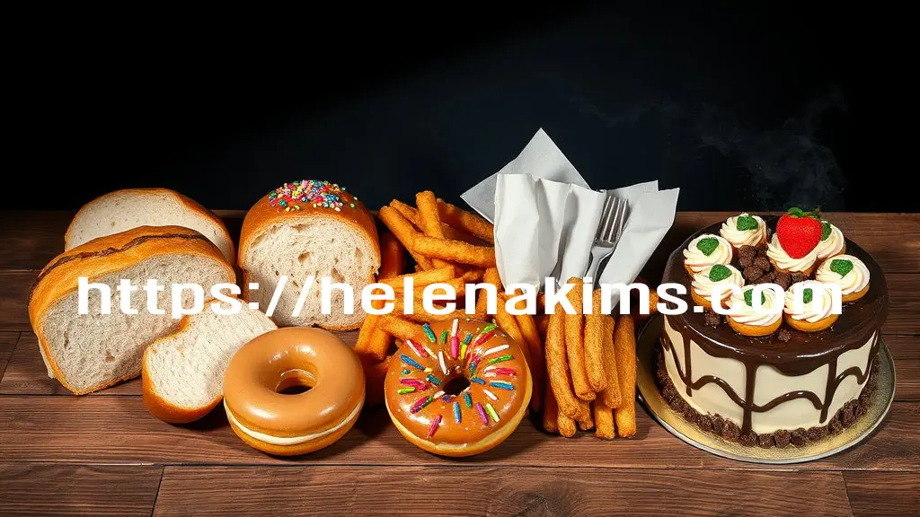 나무 탁자 위에 방금 구운 듯한 흰 빵, 달콤한 도넛, 바삭한 튀김, 하려한 케이크 등이 맛있게 놓여 있는 모습.