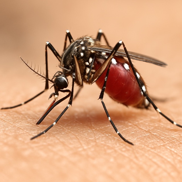 일본뇌염을 전파하는 작은빨간집모기가 사람 피부 위에서 피를 빠는 모습(출처: 자체제작)