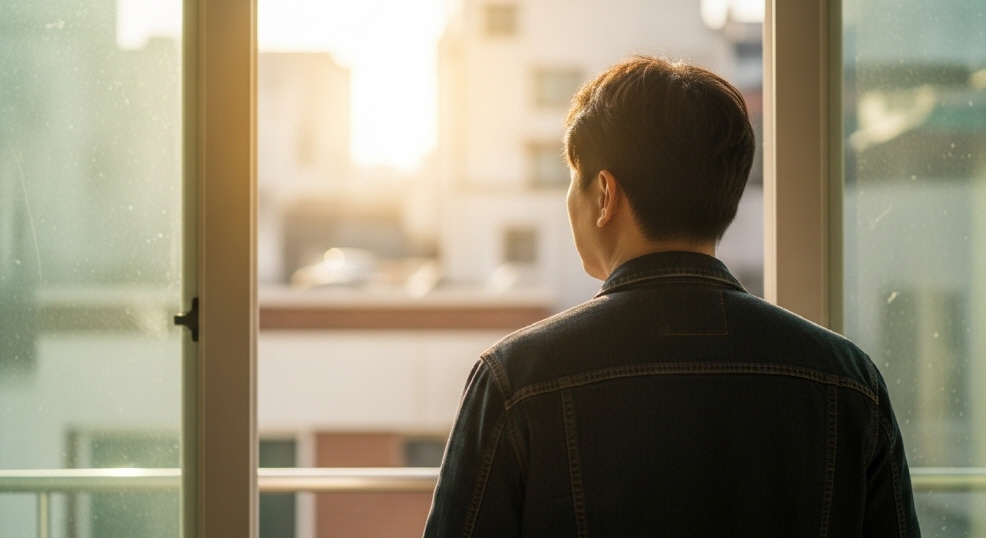창밖을 바라보는 한부모의 뒷모습