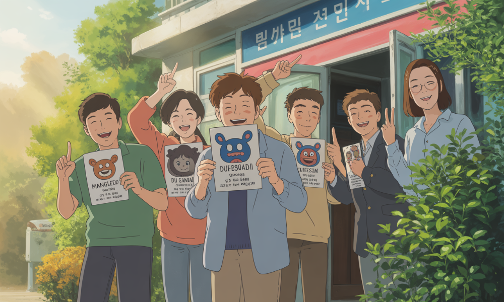 2025년 대선 투표소 앞에서 인기 캐릭터 인증용지를 들고 웃는 젊은이들