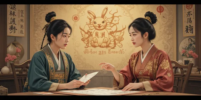 점술가가 토끼띠 운세를 조심스레 전달하는 장면