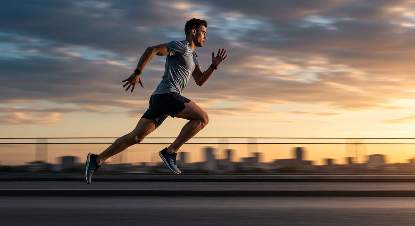 이사진은 해가질무렵 남성함명이 달리기를하는 모습입니다