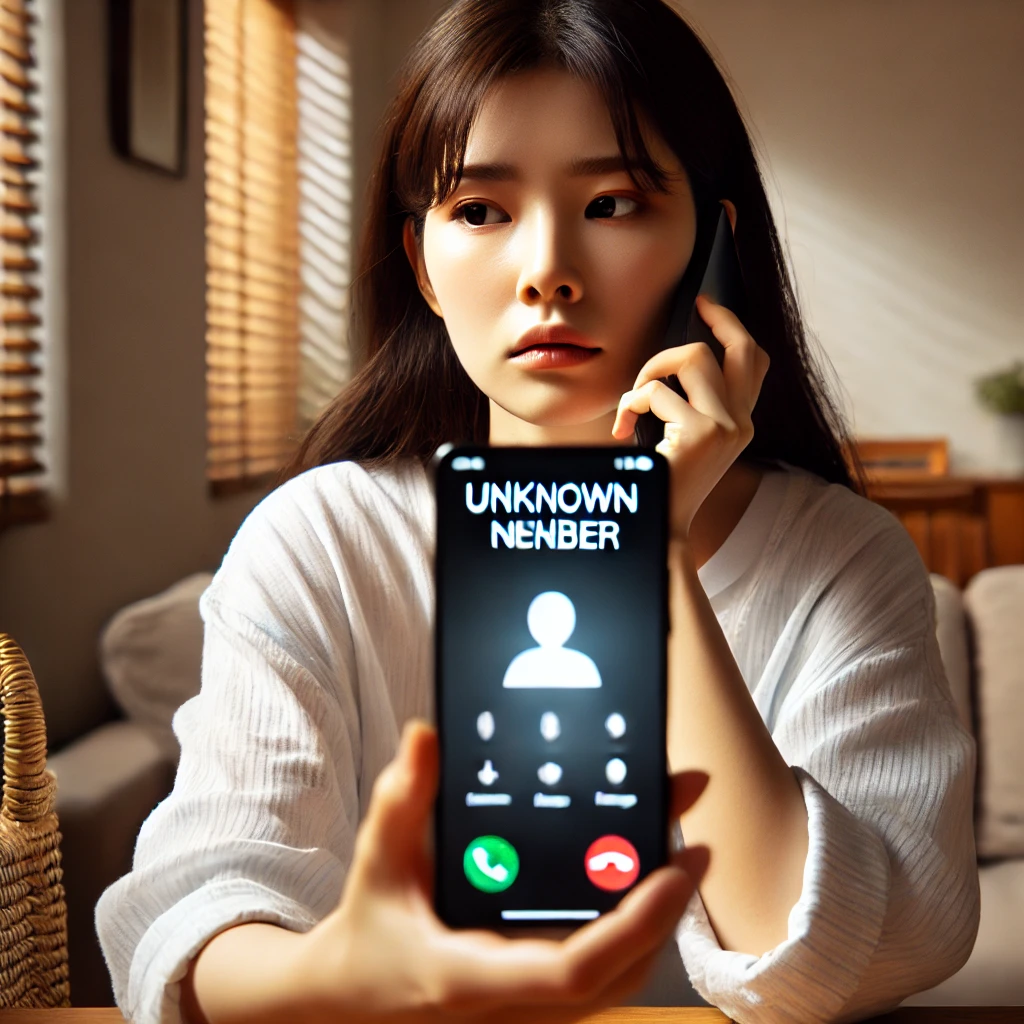 젊은 한국 여성이 현대적인 거실에서 스마트폰의 'Unknown Number' 표시를 보며 전화를 받을지 고민하는 모습
