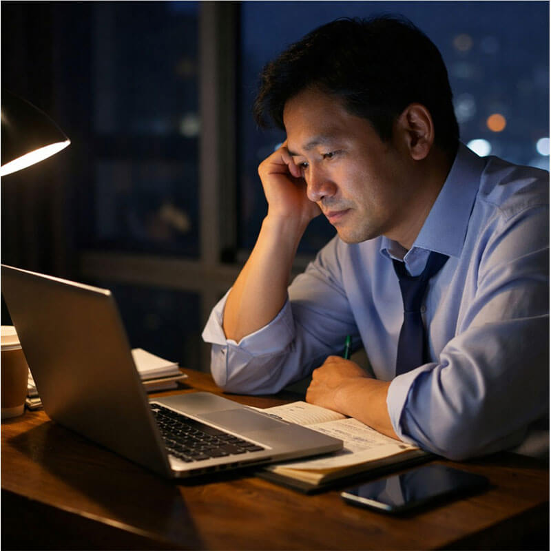 퇴근 후 컴퓨터를 공부하며 자기계발을 하는 직장인 모습